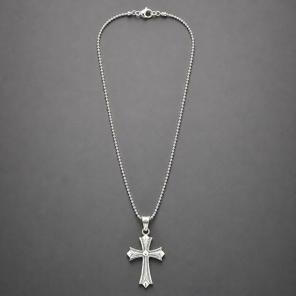 Italy 925 Sterling Silver Cross Pendant Diamond Cut Bead Ball Chain Necklace 16"